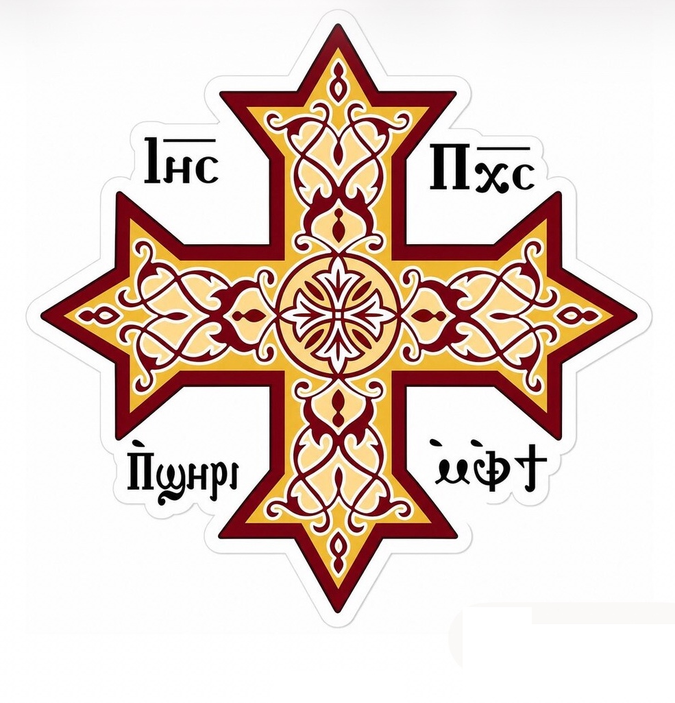 Ornate Coptic cross vinyl sticker design in gold and burgundy