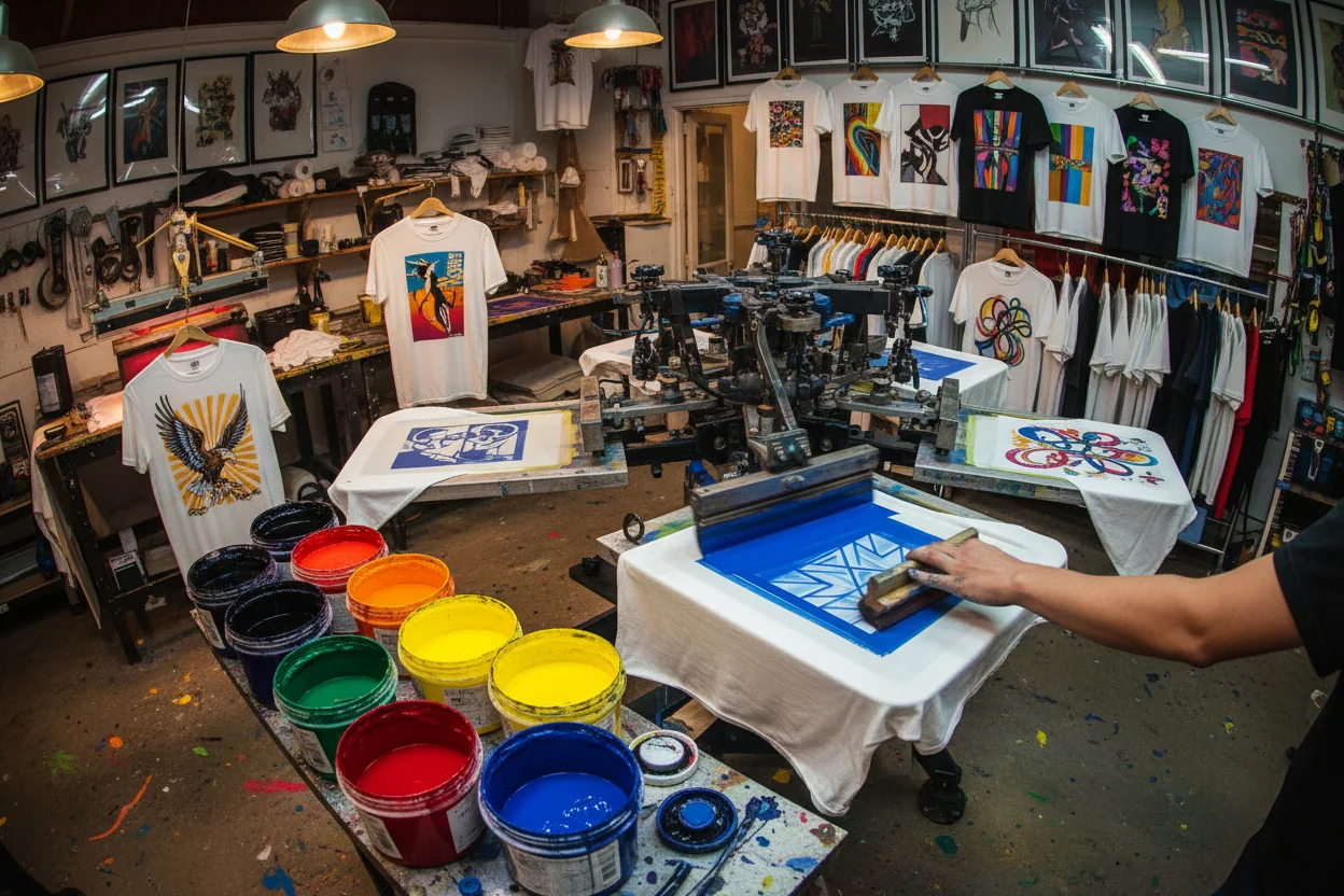 Inside a screen-printing workshop — colorful ink pots and freshly printed t-shirts, mugs and signs