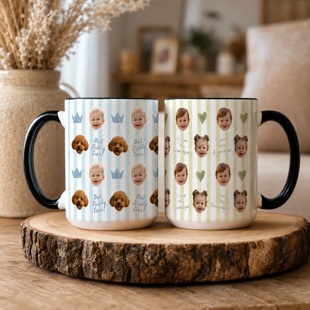 Personalized photo mugs printed with family photos — a custom gift