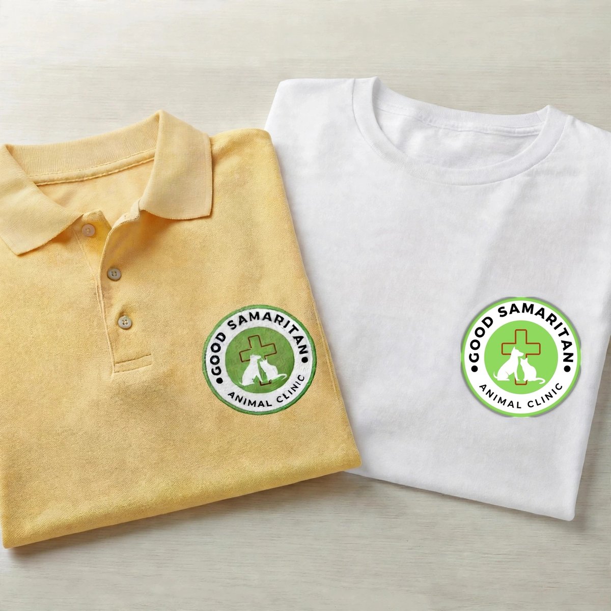 Yellow polo and white cotton T-shirt with custom printed business logos
